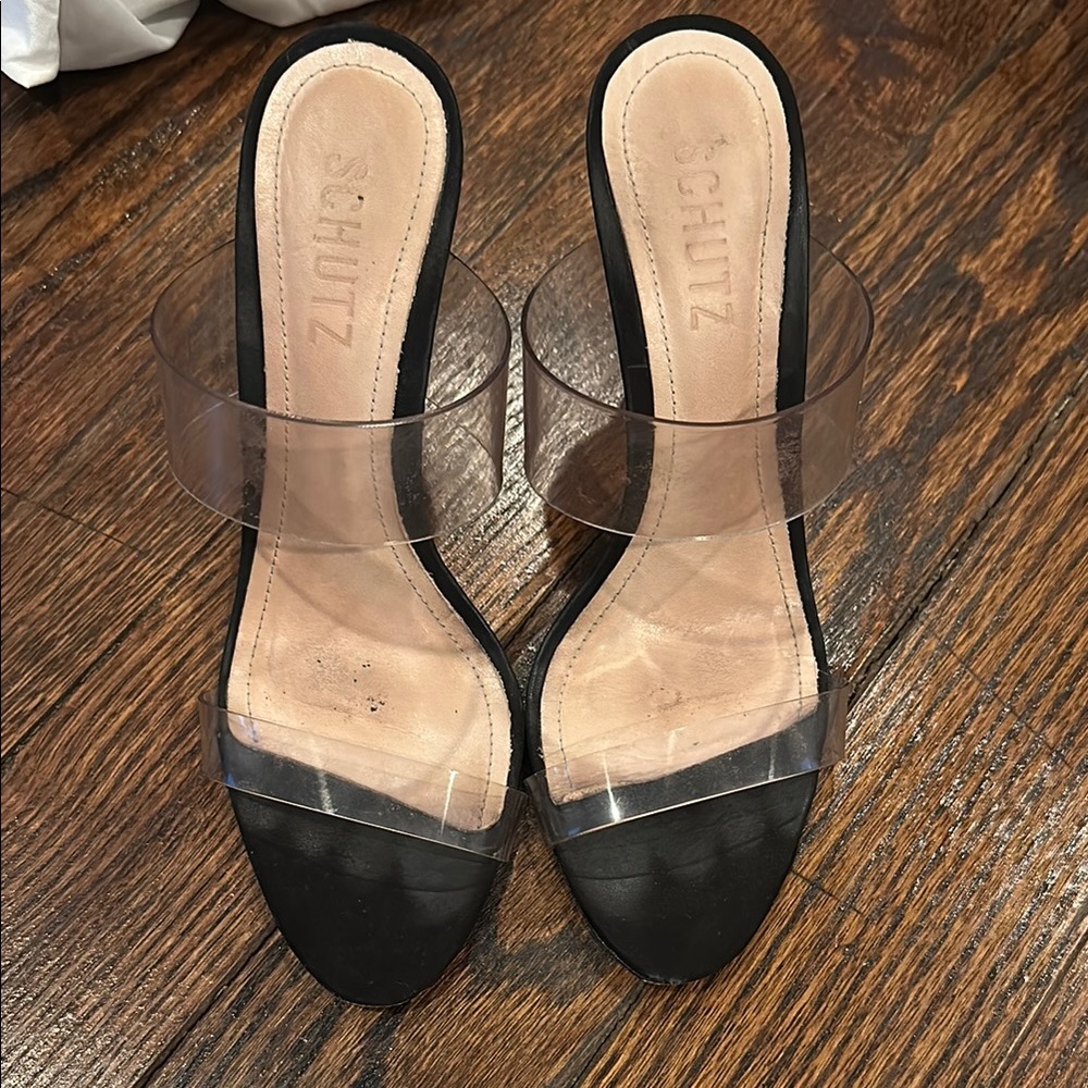 SCHUTZ Black Heels with Clear Straps